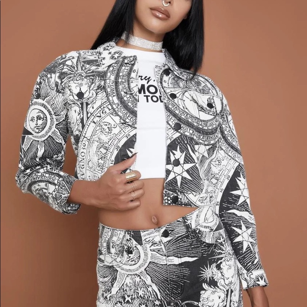 Celestial whimsigoth cropped denim jacket black and white Dolls Kill Horoscopez